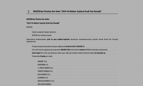 KOSGEB'den Üretime Dev Katkı “2016 Yılı Makine Teçhizat Kredi Faiz Desteği”